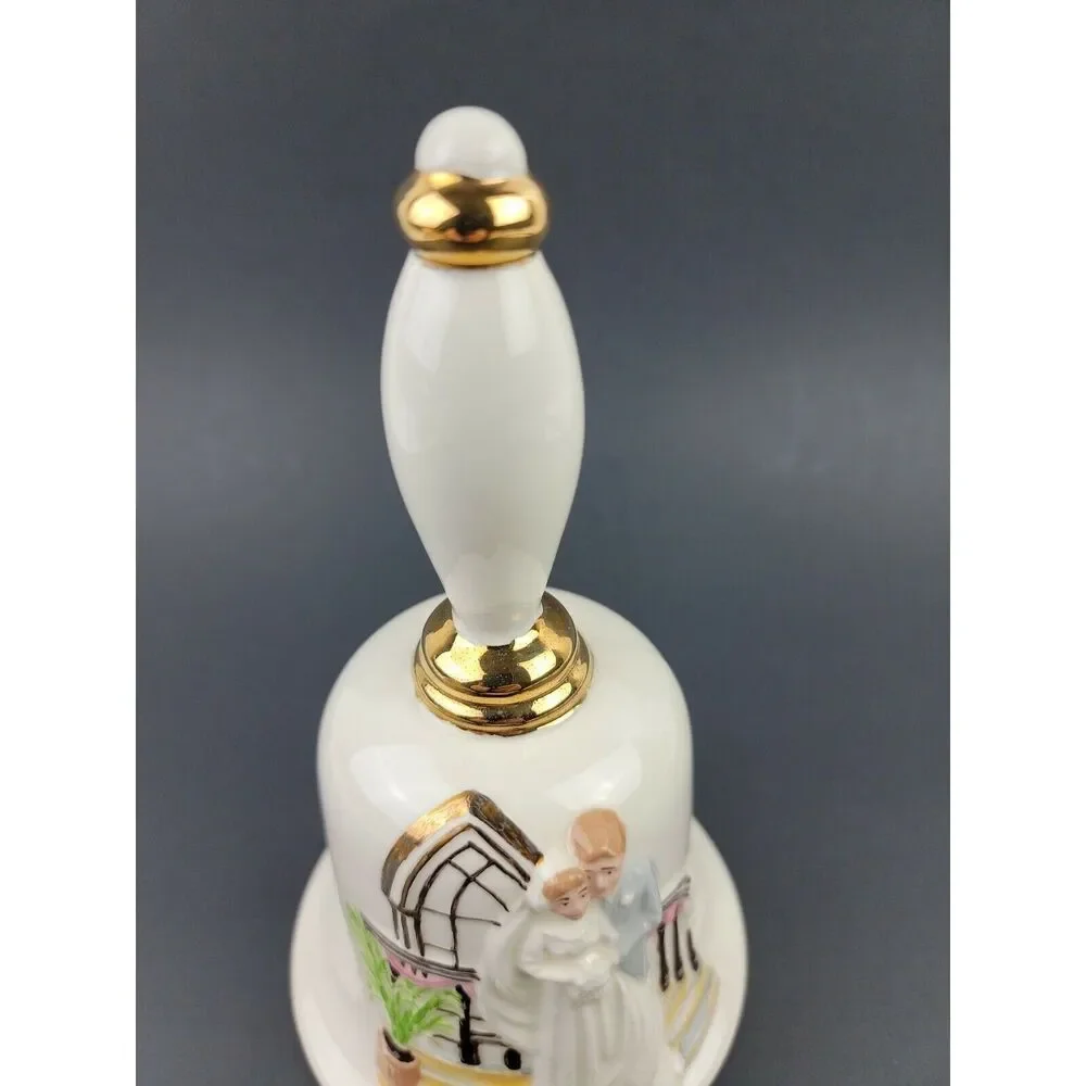 Vintage Wedding Bell Bride Groom Artisan Ceramic Porcelain Gold Trim Clapper